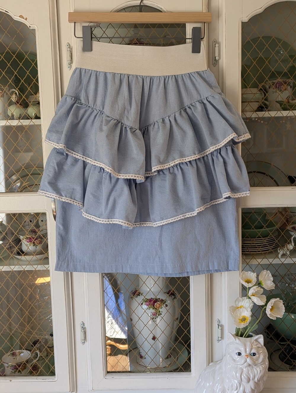 VTG 80s Women's Light Blue Denim Tiered Ruffle Skirt with Elastic Waist